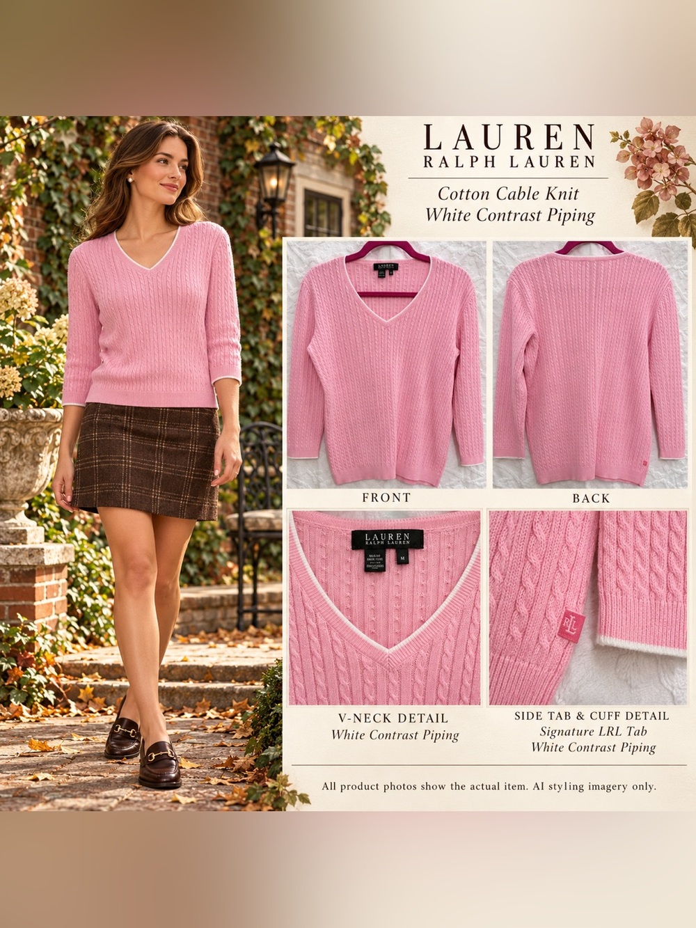 Lauren Ralph Lauren Sweater M Pink Cable Knit White Trim Cotton NWOT Preppy Y2K